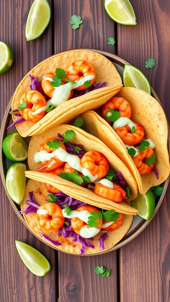 A colorful display of spicy shrimp tacos with avocado, cabbage, and lime on a wooden table.